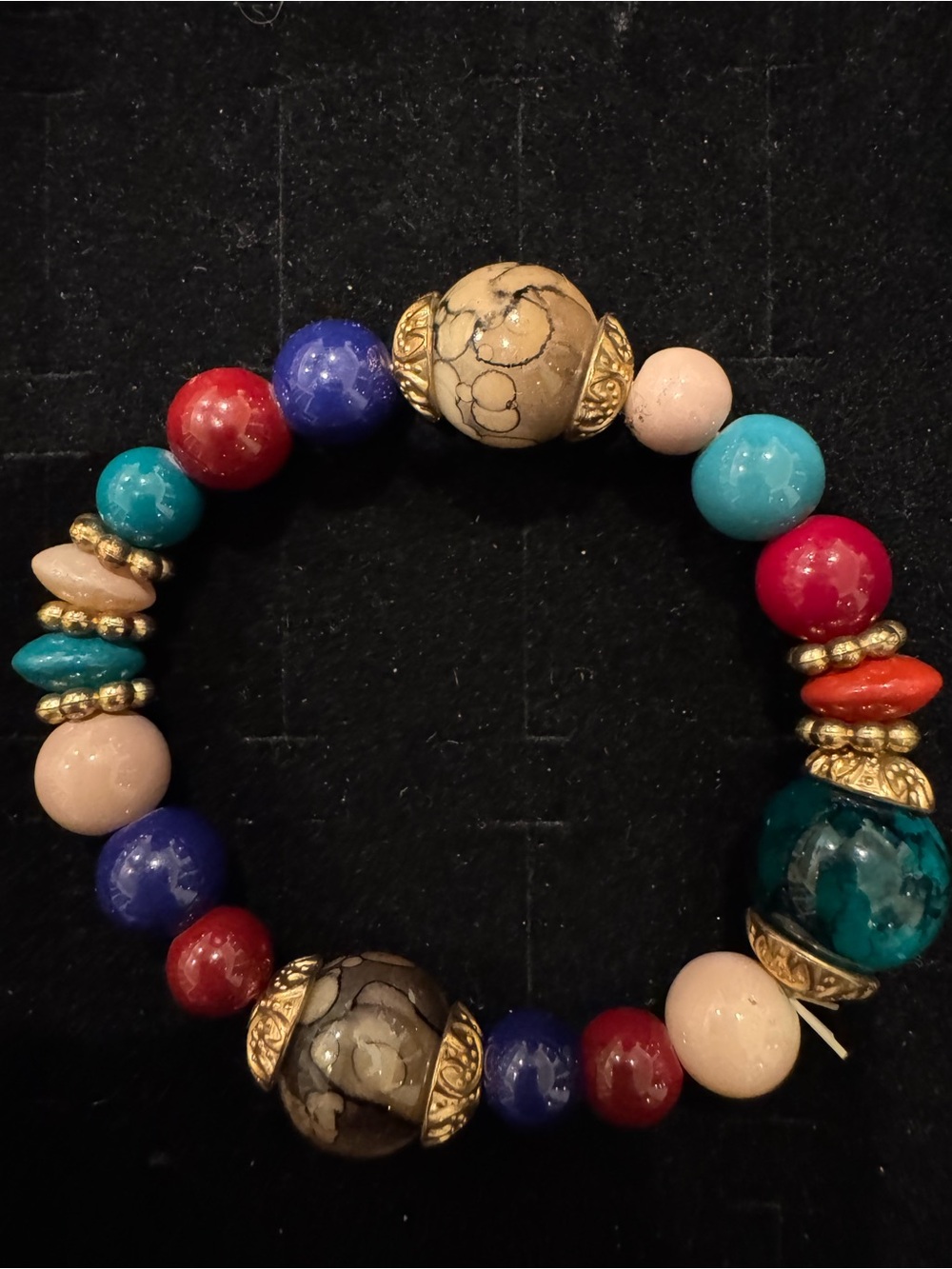 Boho Multicolor Beaded Stretch Bracelet Gold Tone Accents Chunky Statement
